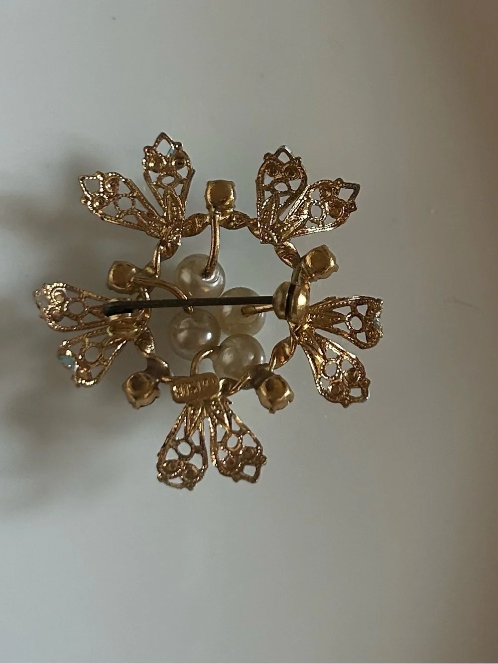 Vintage Austrian Gold Tone Flower Brooch with Pearls and Crystals